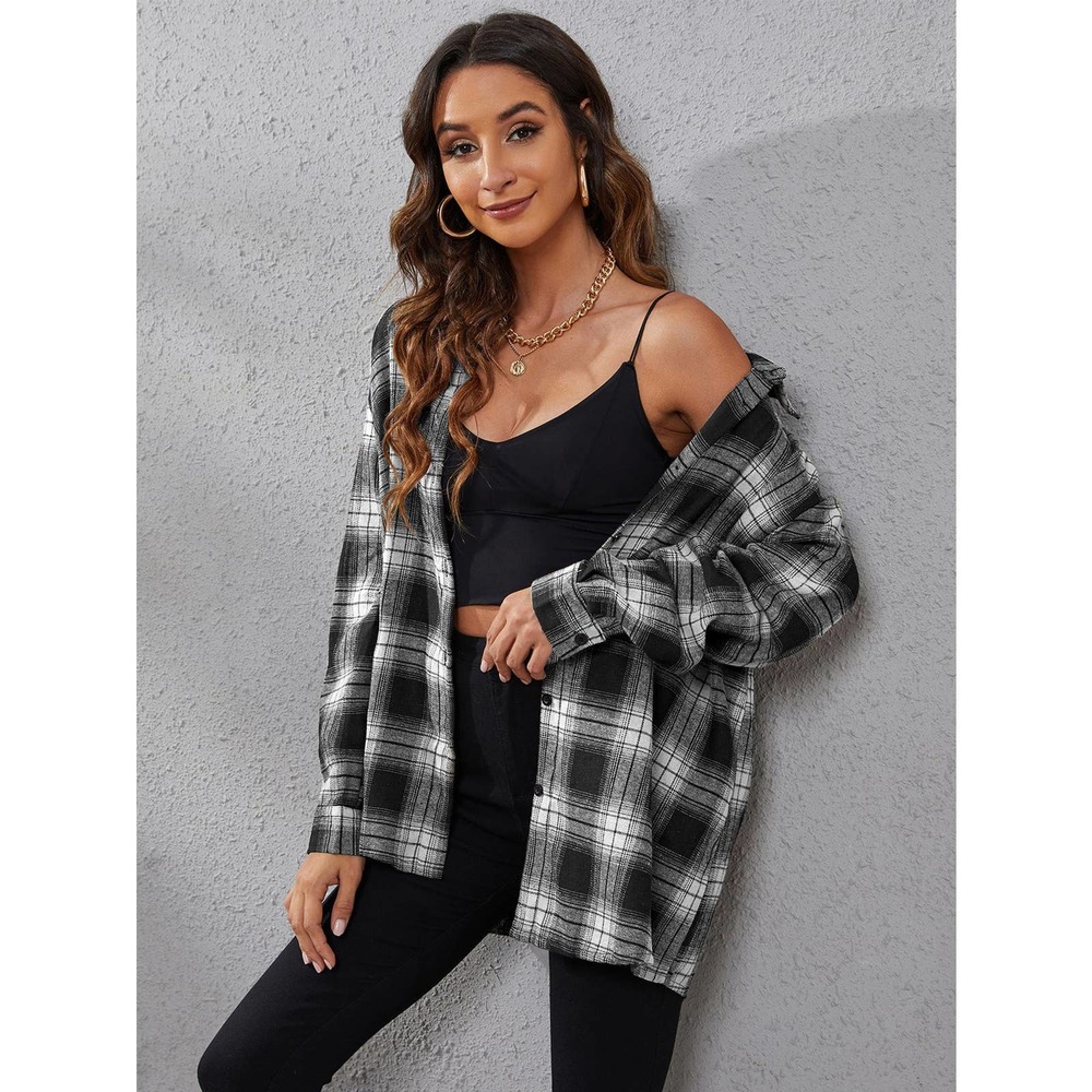 Preppy Plaid Print oversized long sleeve button up Shirt - Picture 5 of 11
